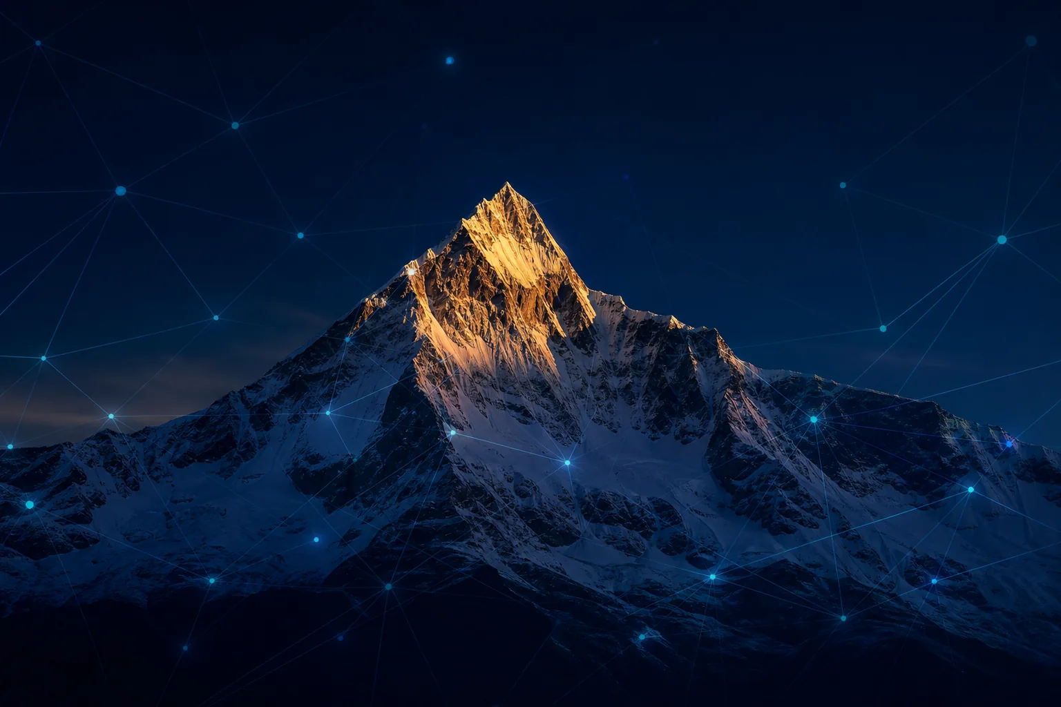 Cúspide montañosa iluminada con red digital sutil — representación del ecosistema Cúspide Colectiva